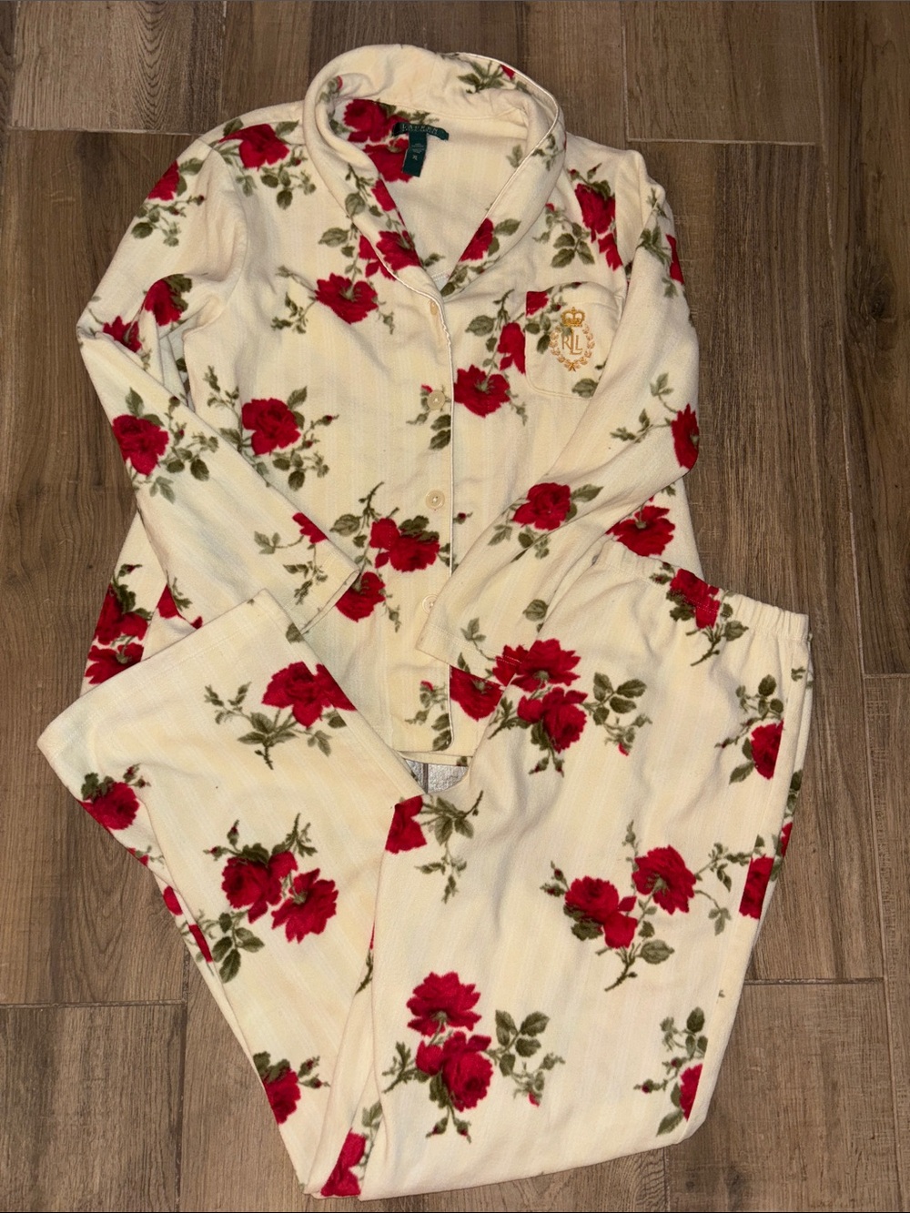 Ralph Lauren Cream Pajama Set with Red Floral Print